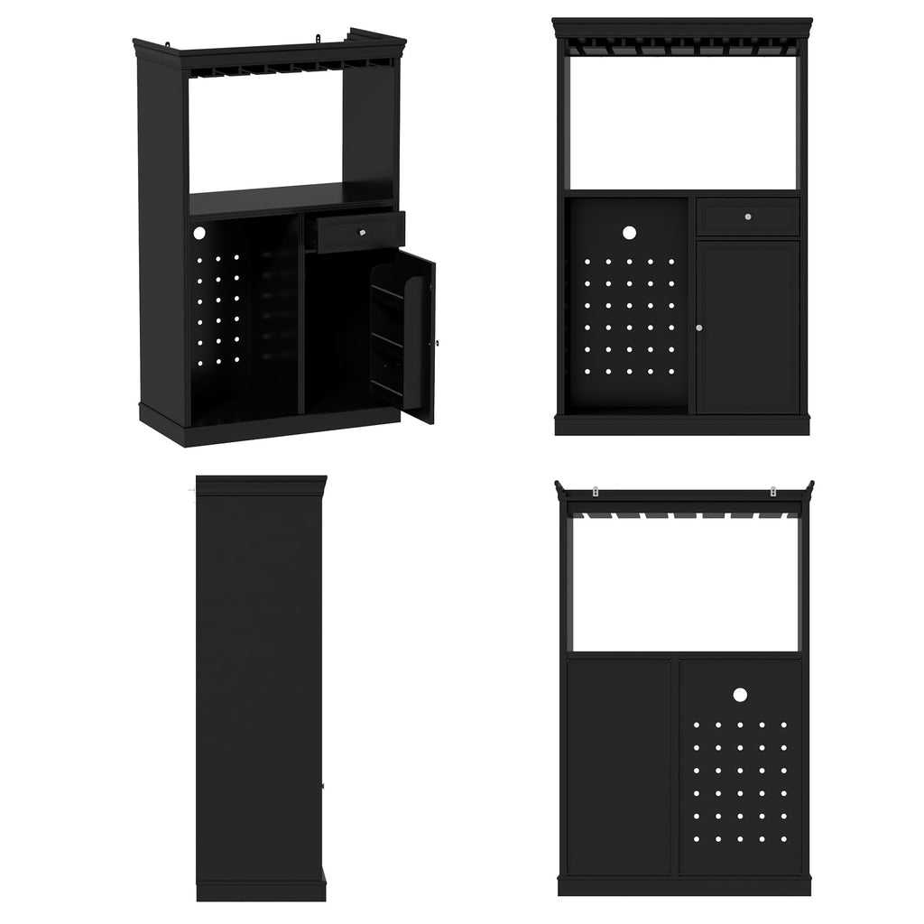 Coffee Bar Cabinet with Mini Fridge Space, 77.5" Tall Liquor Cabinet with Hutch, Glass Holder & Wine Rack, Modern Home Bar Storage with 9 Drawers for Kitchen Dining, Black