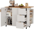 VINGLI Fluted Kitchen Island Cart with Drop-Leaf, 3 Drawers, White