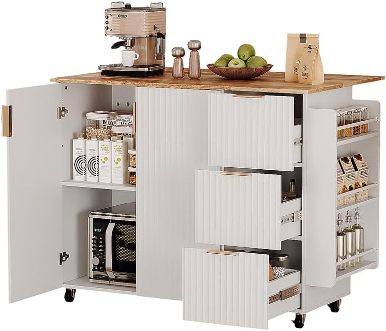 VINGLI Fluted Kitchen Island Cart with Drop-Leaf, 3 Drawers, White