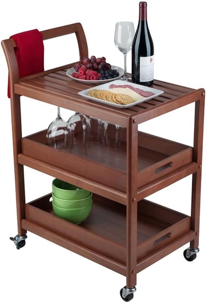 Pemberly Row Transitional Solid Wood Bar Cart, Walnut Finish, 33.27"H x 24.8"W x 15.98"D, 2 Removable Serving Trays, Slatted Shelf, Rolling Casters with Locking Wheels, Kitchen, Dining, or Patio Use