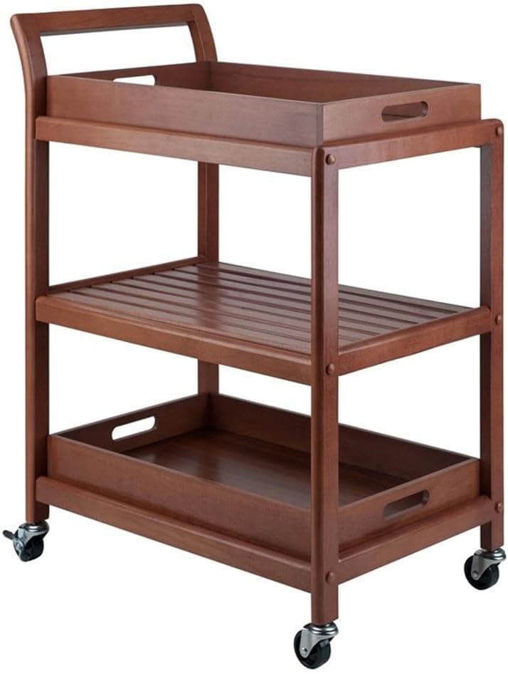 Pemberly Row Transitional Solid Wood Bar Cart, Walnut Finish, 33.27"H x 24.8"W x 15.98"D, 2 Removable Serving Trays, Slatted Shelf, Rolling Casters with Locking Wheels, Kitchen, Dining, or Patio Use