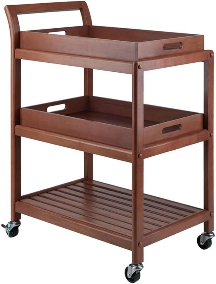 Pemberly Row Transitional Solid Wood Bar Cart, Walnut Finish, 33.27"H x 24.8"W x 15.98"D, 2 Removable Serving Trays, Slatted Shelf, Rolling Casters with Locking Wheels, Kitchen, Dining, or Patio Use