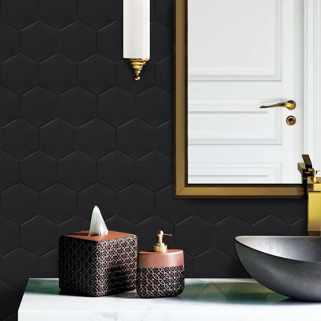 PET Black Stick Backsplash Bathroom(11.57''x10.35'',10-Sheet) Tiles Self Adhesive 3D for Matte Big Real Hexagon Peel and Kitchen