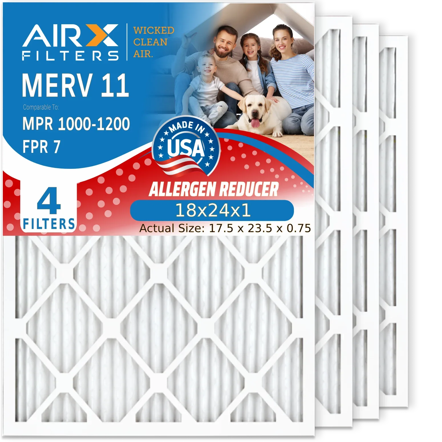 FILTERS MPR FPR 1200 by Filters MERV Air Made 7 Filter Premium Furnace Conditioner Pleated to 11 1000, USA HVAC 18x24x1 Filter 4 Pack 18x24x1 AIR. & Electrostatic AIRX CLEAN MPR WICKED Comparable Air
