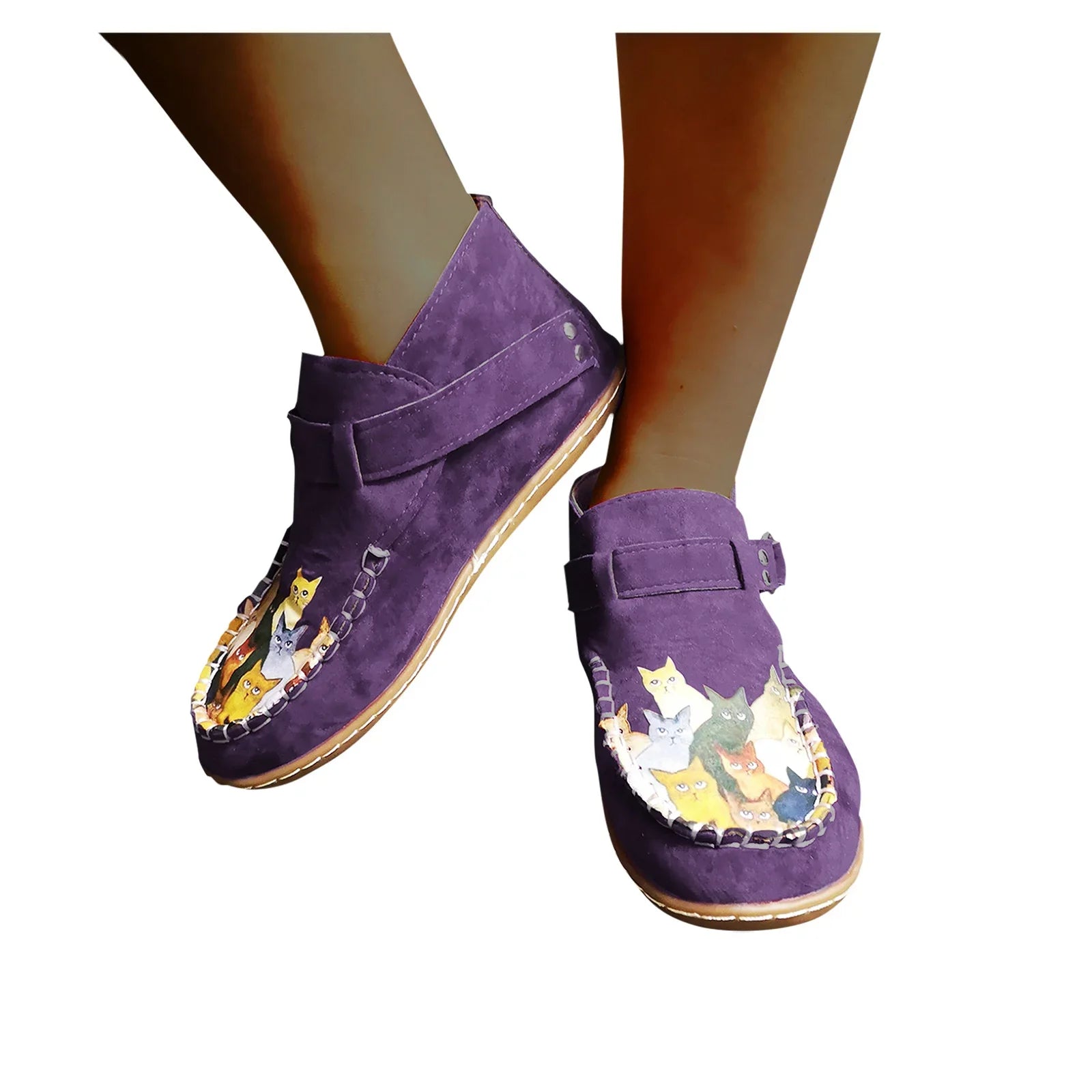 Printed Comfort Leather Button Cat Female Ankle Flat Cartoon Boots Casual women's boots