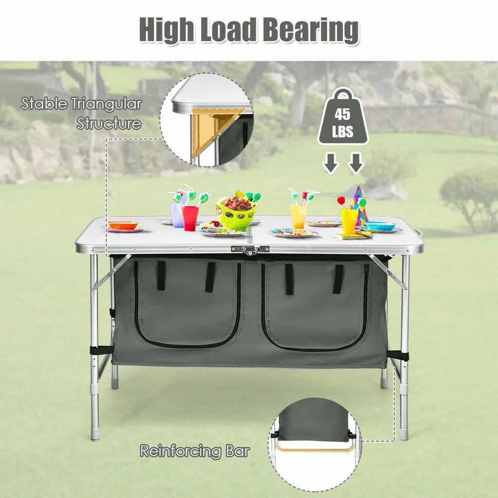 Grey Camping and with Height Adjustable Folding Organizer Aluminum Table Frame Storage