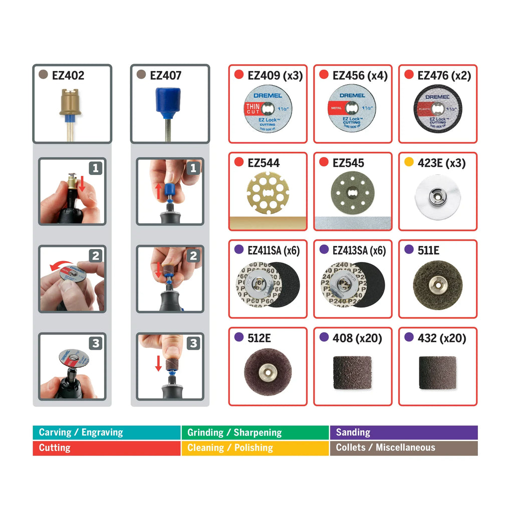 Storage for EZ725 Faster Sand EZ EZ-Lock Drum Rotary Cut, Tool EZ 70-Piece Changes, Accessories Accessory and Polish, Dremel Clean, Mandrels Kit, to All-Purpose Accessory and