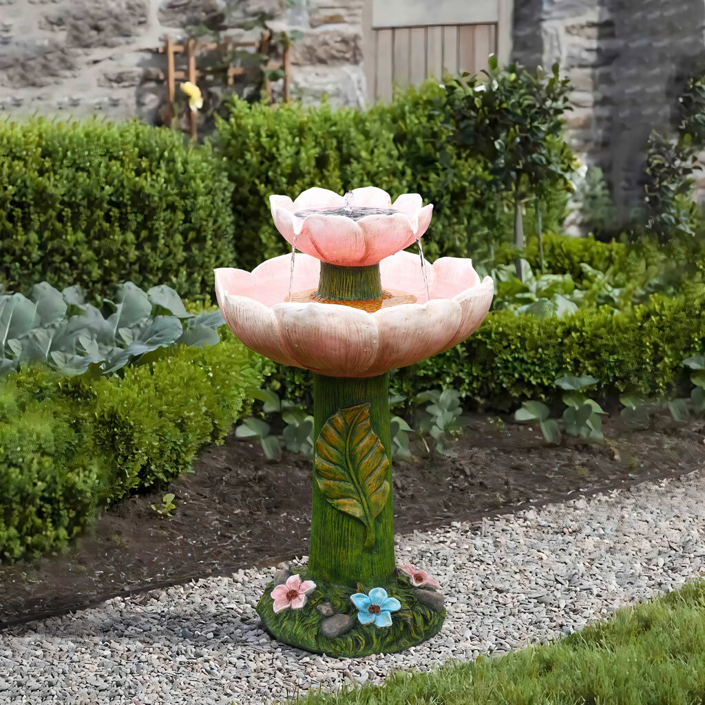 Solar Birdbath with LuxenHome Resin 2-Tier Lights Flower Pink Powered Fountain