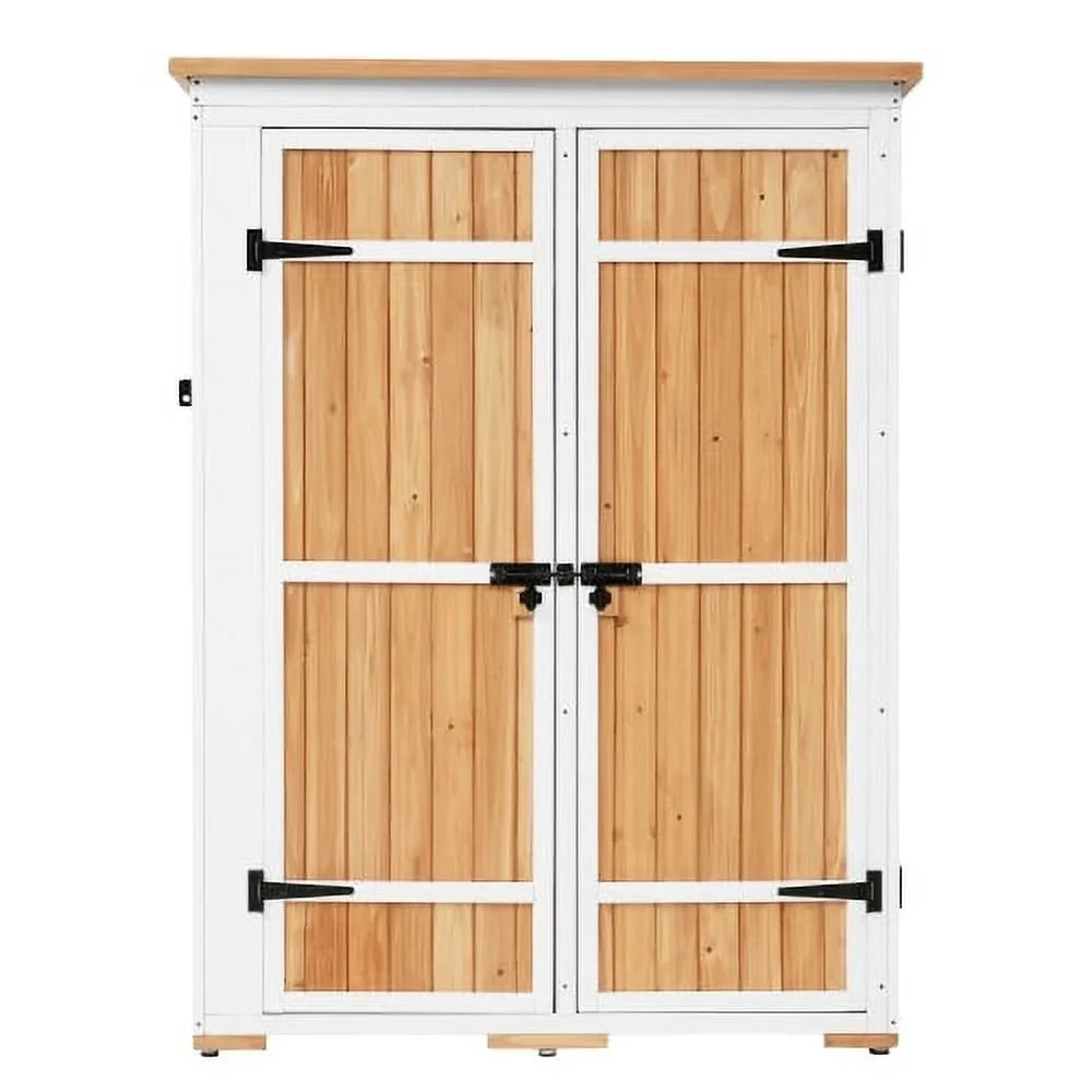 Garden Asphalt Roof, Storage Shelves, Multiple-tier L Waterproof Outdoor Natural 5.5ft Shed, Wood Cabinet Lockable Four with Tool Doors, Hx4.1ft