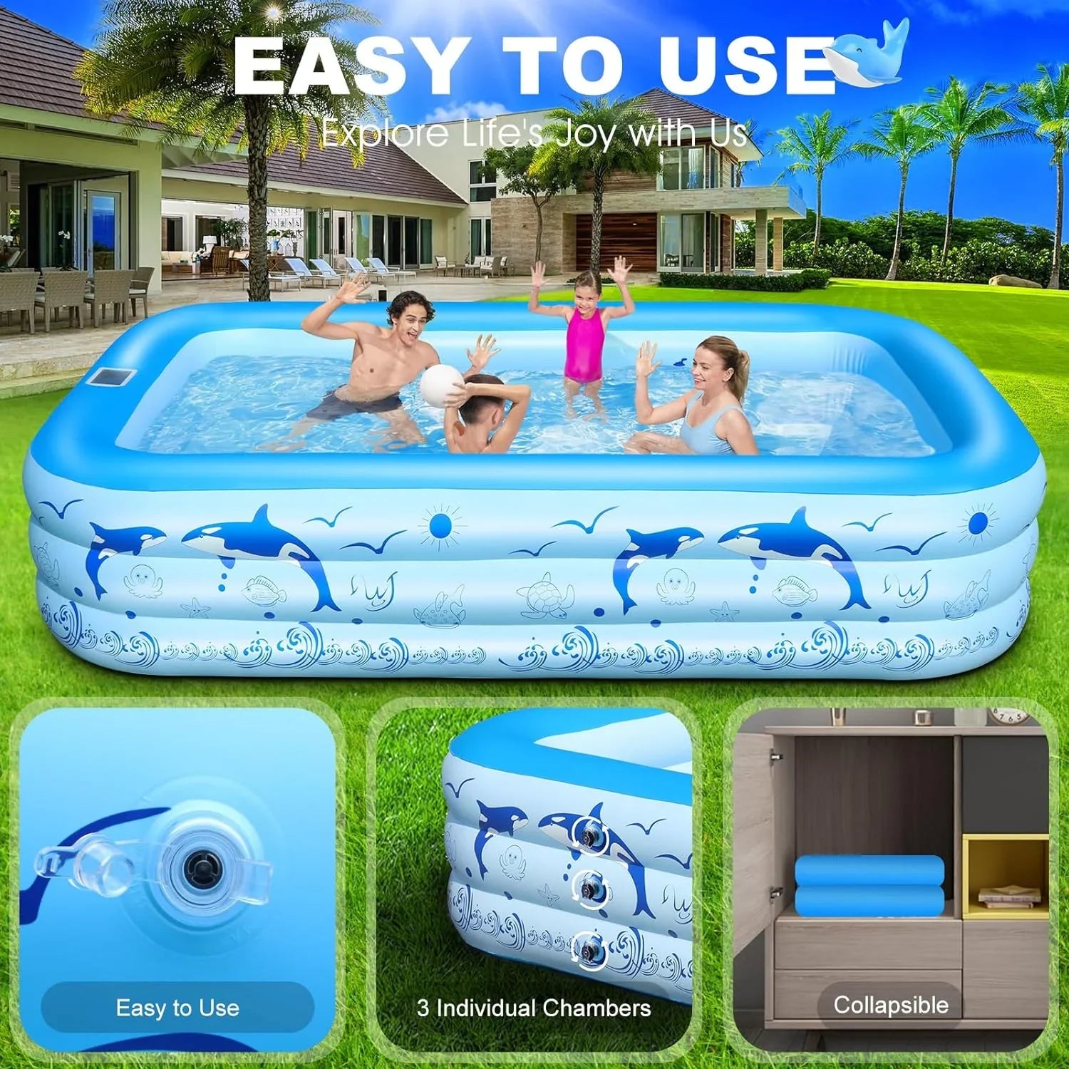 Backyard Kiddle Powered, Upgraded Swimming for Pool Inflatable 105"x65"x25''Oversized Large Solar Pool Inflatable Family up with Lights, 2024 Pool Kids,Adults, for Blow Pool, Thickened Pool