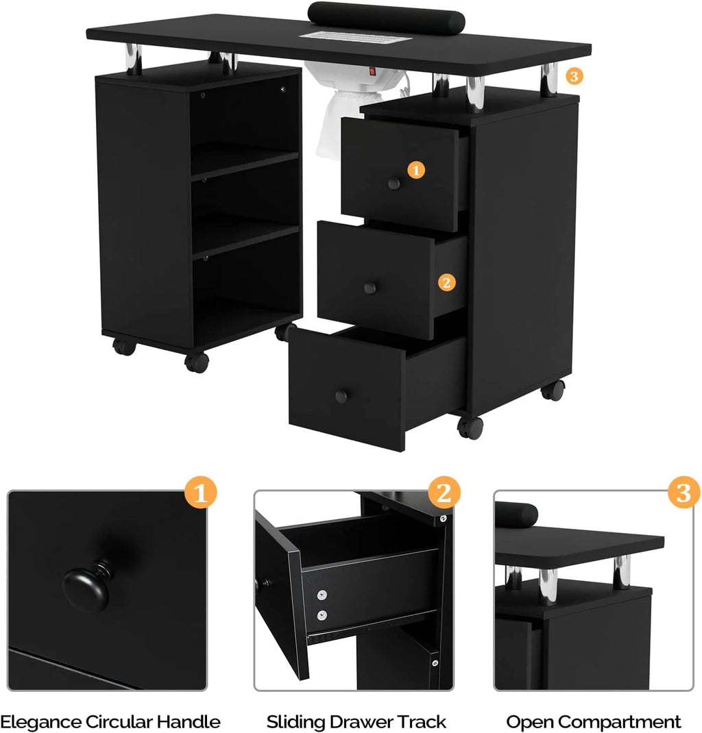 Table Table Beauty w/Electric Supplies Resistant Dust Nail Cushion,3-Tier Tech for Salon Collector, Manicure OmySalon Portable Acetone Station Nail Shelves&Drawers Nail Wheels,Wrist Desk w/Lockable
