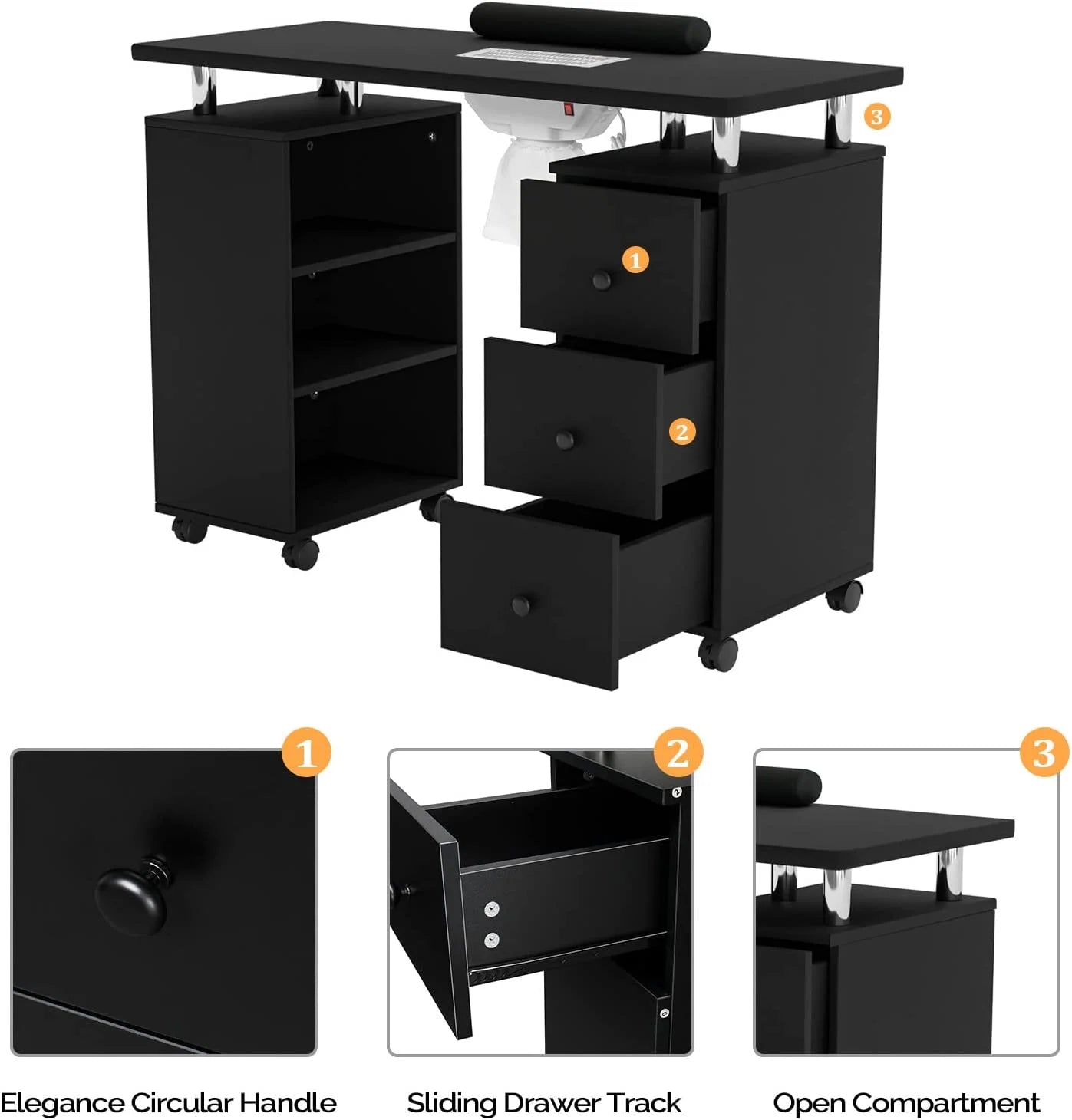 Table Table Beauty w/Electric Supplies Resistant Dust Nail Cushion,3-Tier Tech for Salon Collector, Manicure OmySalon Portable Acetone Station Nail Shelves&Drawers Nail Wheels,Wrist Desk w/Lockable
