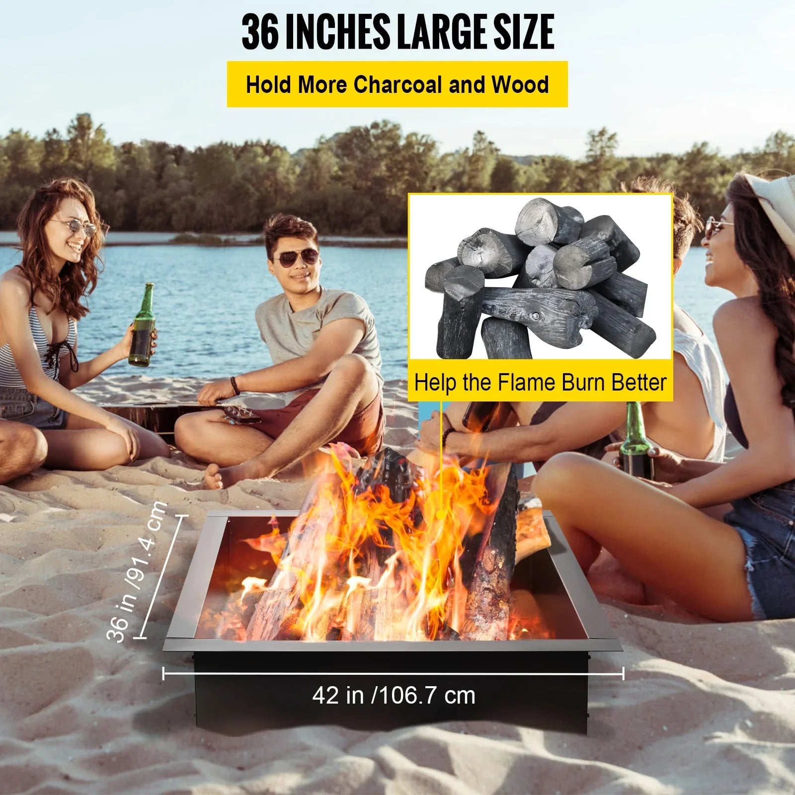 with with Fire DIY Ring, Patio, Bonfire Insert Simple Backyard Insert, Installation Liner Ring, Pit Pit 36" Outdoor, Fire Square Heavy Duty Steel for BENTISM Tongs Fire