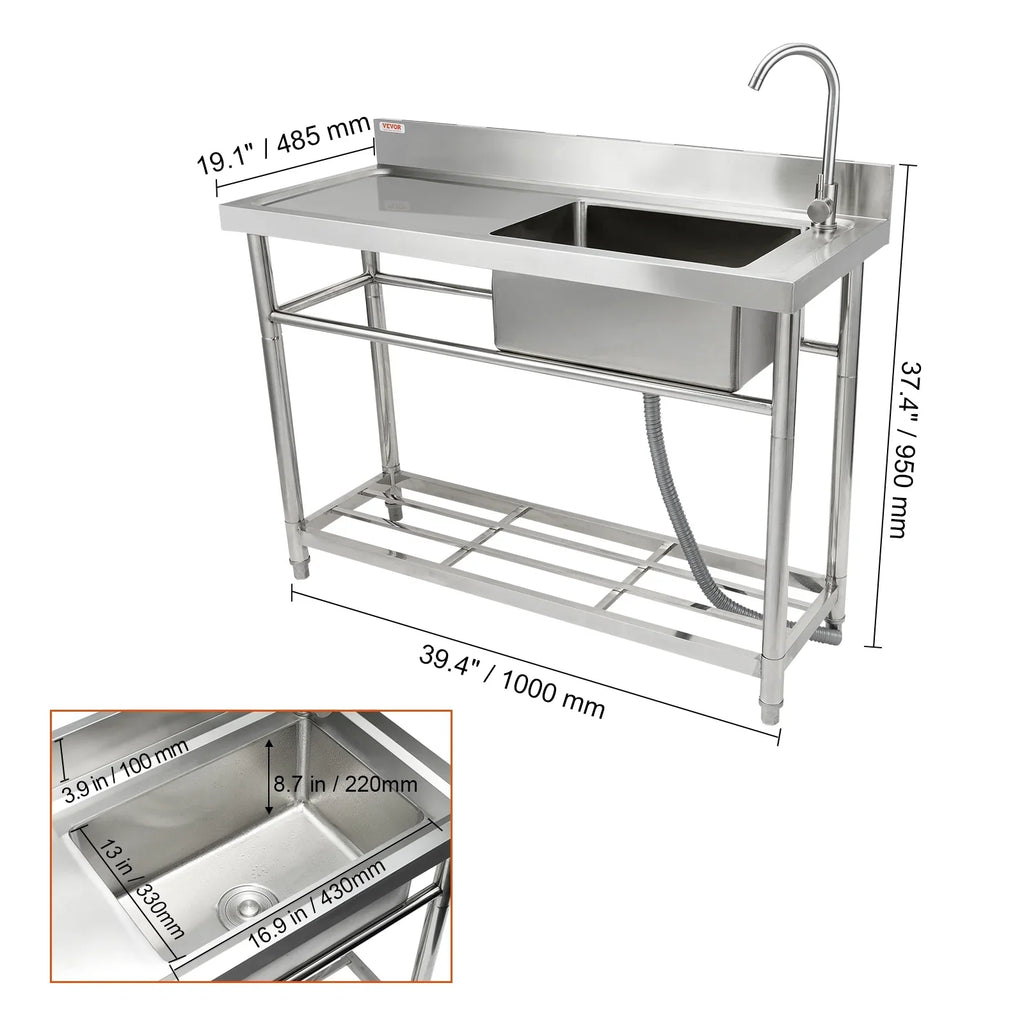 Sink x w/Workbench 39.4 x 19.1 Bowl Utility BENTISM 37.4 Single Prep & in Commercial