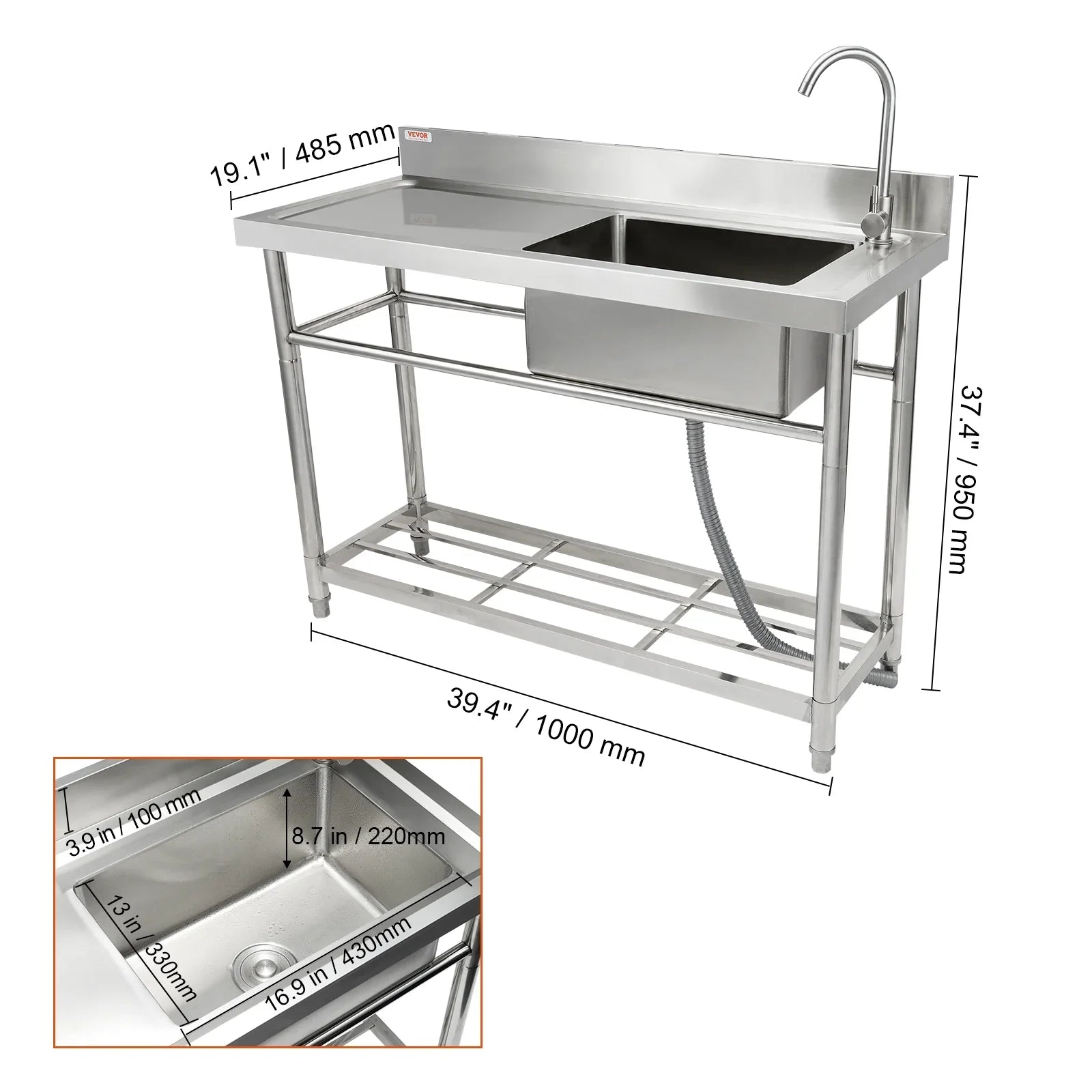 Sink x w/Workbench 39.4 x 19.1 Bowl Utility BENTISM 37.4 Single Prep & in Commercial