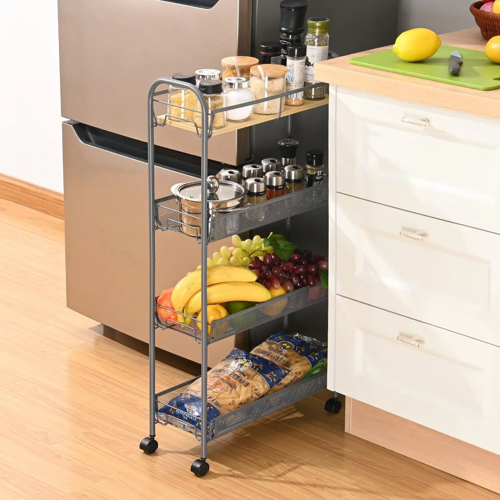 Gray Tabletop Cart, KINGRACK with Storage Bathroom, Mesh for KK Kitchen Wooden Utility Carts 4-Tier Rolling