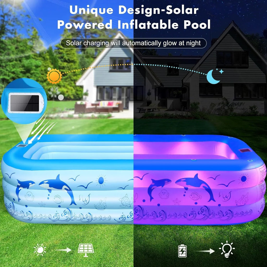 Backyard Kiddle Powered, Upgraded Swimming for Pool Inflatable 105"x65"x25''Oversized Large Solar Pool Inflatable Family up with Lights, 2024 Pool Kids,Adults, for Blow Pool, Thickened Pool