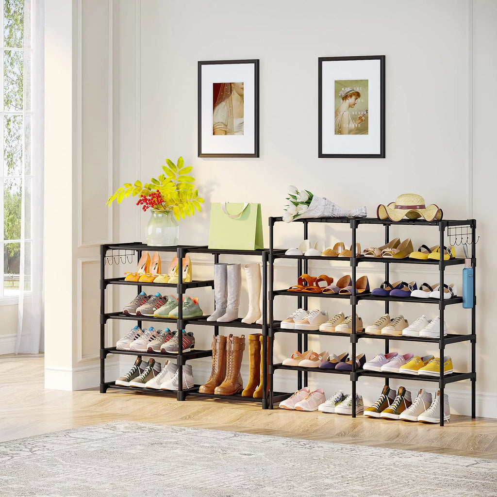 Shoe Storage Removable Tower Black Stackable Closet Large for Tiers 32-40 Shoe Pairs Storage, Boot Shoe Dustproof Shoe for Stand Rack 2 Boot Hooks with Organizer 9 Shelf Organizer Fiuion Shoe