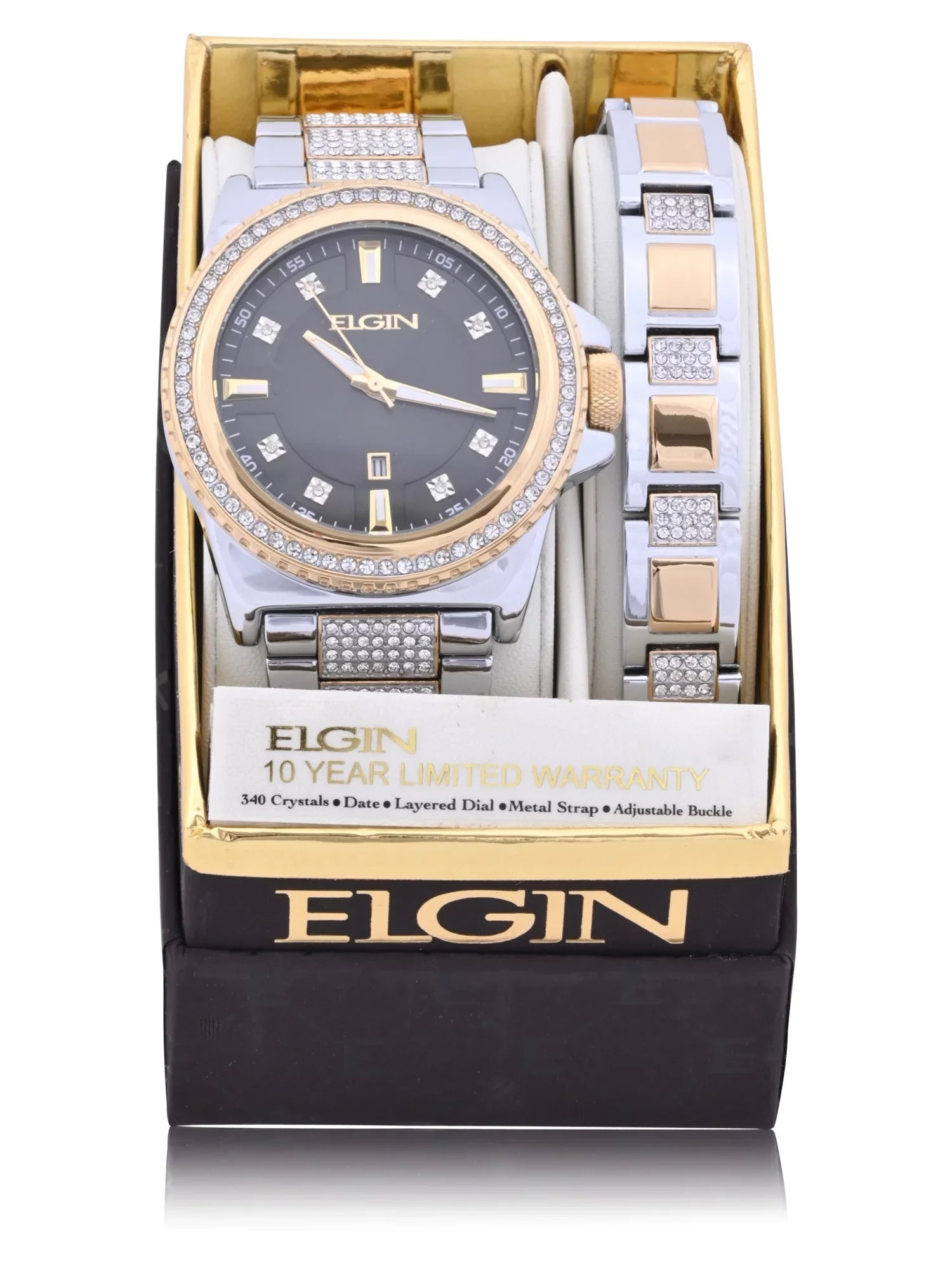 and Gold Bracelet (FG180015ST) Adult Watch Alloy Stones and Silver Elgin Male with Set in Case and