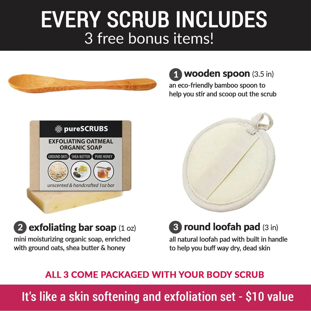 Nutrients + Pure - Exfoliating Dead Scrub Set pureSCRUBS Body BODY ROSE - Organic Oils Spoon, 16oz Sea Mini Loofah FREE Soap & Organic Premium & Essential Wooden Organic Bar SCRUB Salt Large Infused