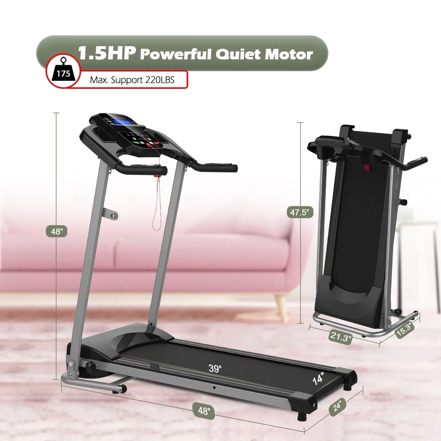 Treadmill Inolait Machine, Folding Running Electric 1.5HP Black