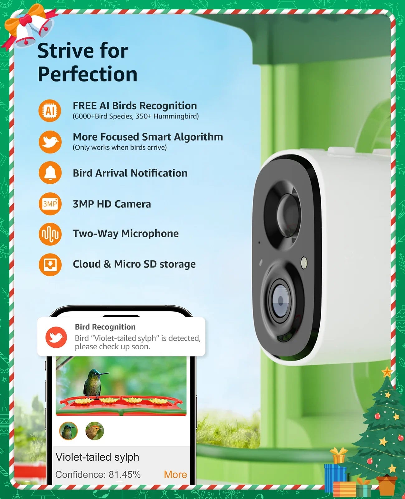 Camera, 2 1 Bird in Ideal Anyone Auto HD Feeder Camera for 3MP Feeders Camera, of Close-Ups Gift with Species, Identify Hummingbird Capture Birds Unique AI with with Bird