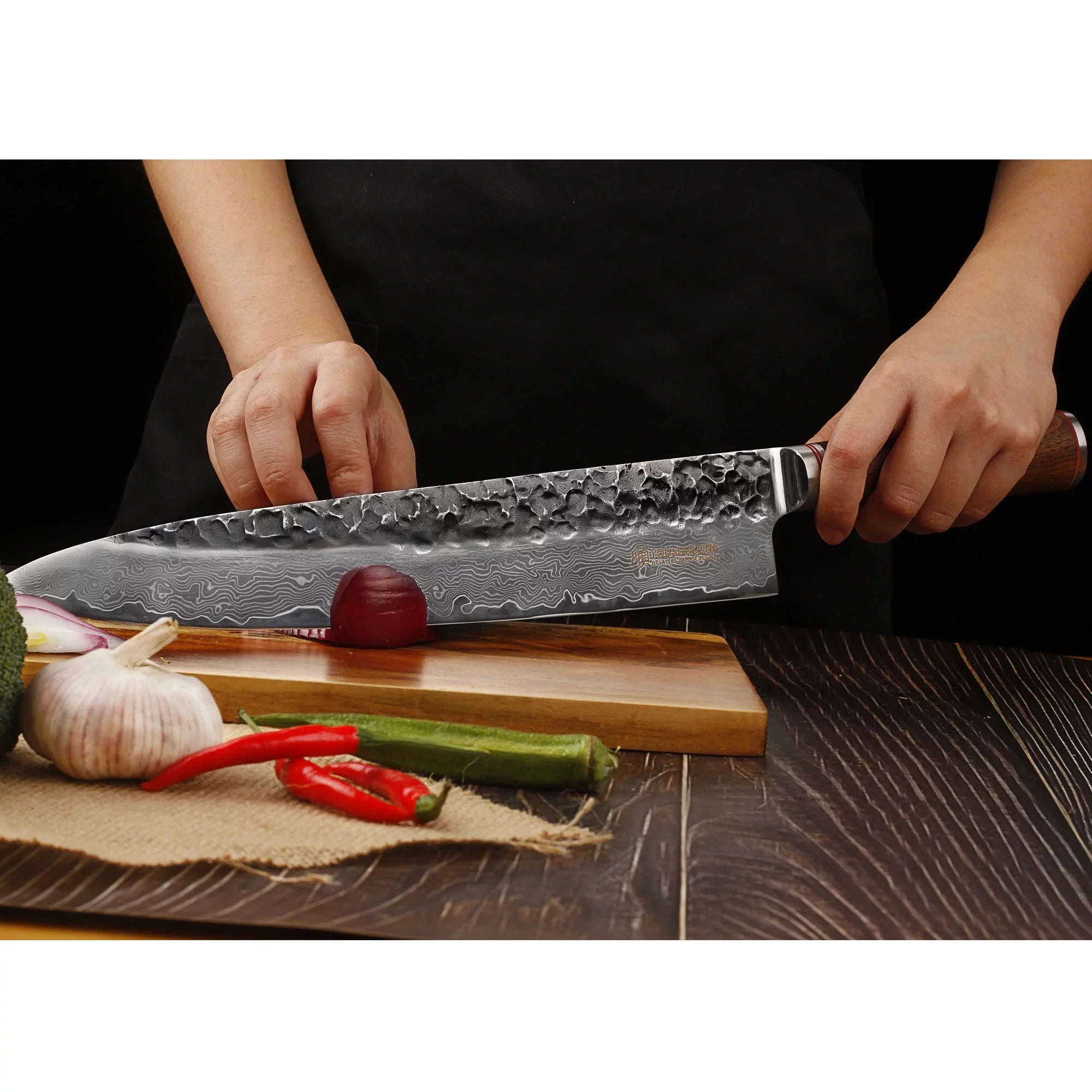 Knife Leather Natural Sheath Pro Wooden Gyuto YOUSUNLONG Damascus 12 Steel with Walnut inch Handle Chef - Japanese Hammered