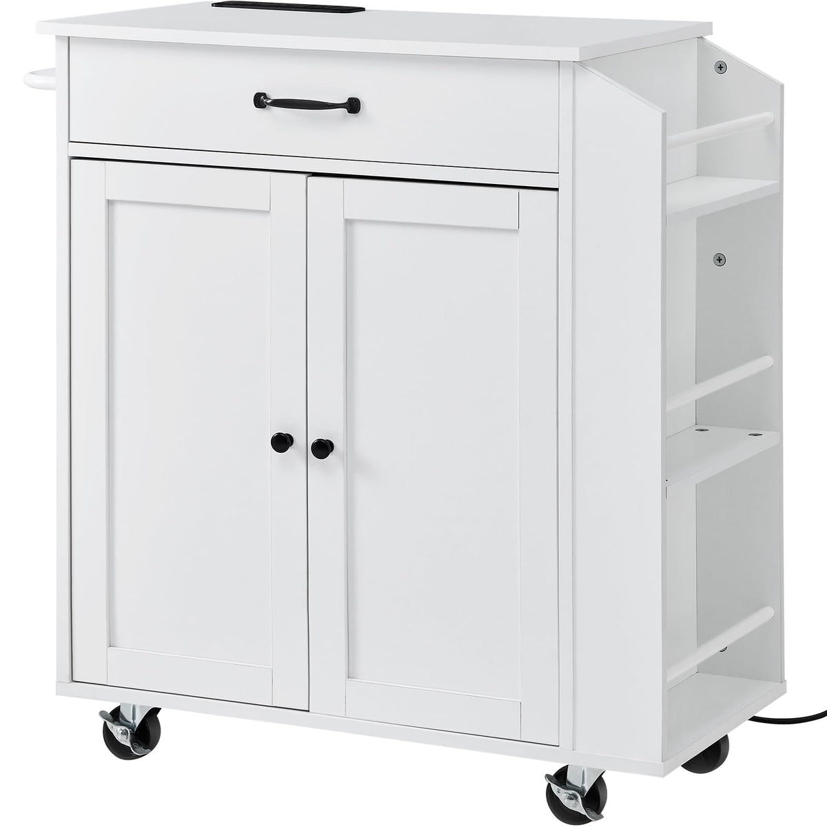 VEVOR Kitchen Island Cart with Storage, 47.64 in Wide Mobile Rolling Storage Island on Swivel Wheels, with 2 Drawers, Storage Cabinet, Drop Leaf, Towel Rack, Table for Home Dining Room, White