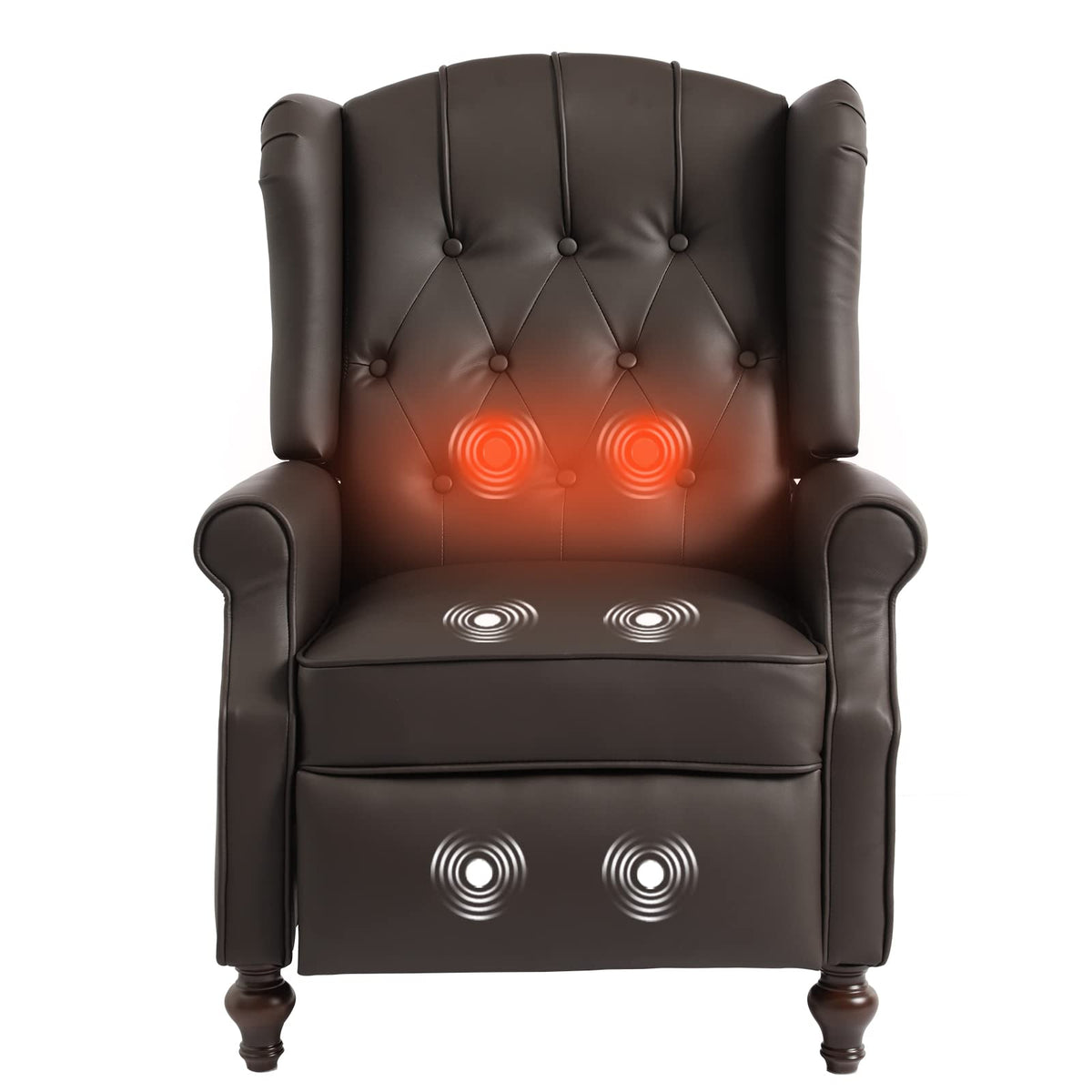 IPKIG Wingback Pushback Recliner Chair - Mid Century Recliner Armchair with Massage and Heat, Rivet Decoration, Button-Tufted Back, Solid Wood Legs for Living Room, Bedroom, Office(Beige)