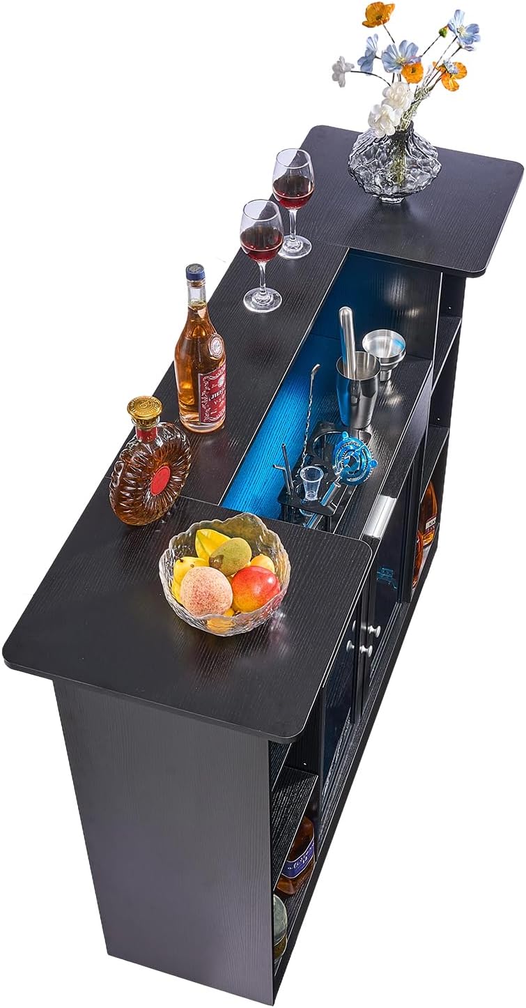 VEVOR Home Bar Unit, Wine Bar Cabinet Table 4-Tier with Storage Drawer Shelves, Wine Glass Holder, Bottle Rack, LED Light, Wood & Metal Liquor Cabinet for Home, Basement, Kitchen, Living Room, Black