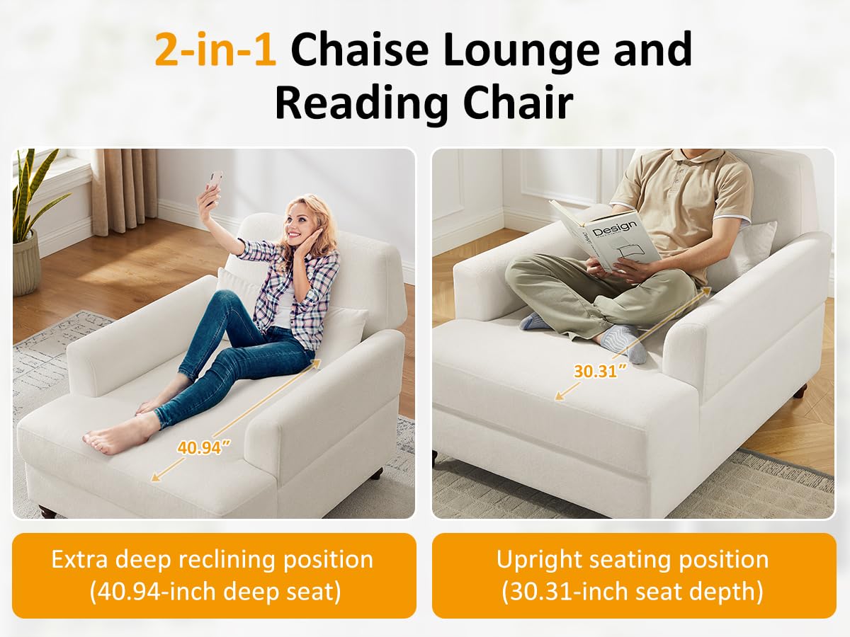 Oversized Chaise Lounge Chair with Adjustable Backrest, Polyester White