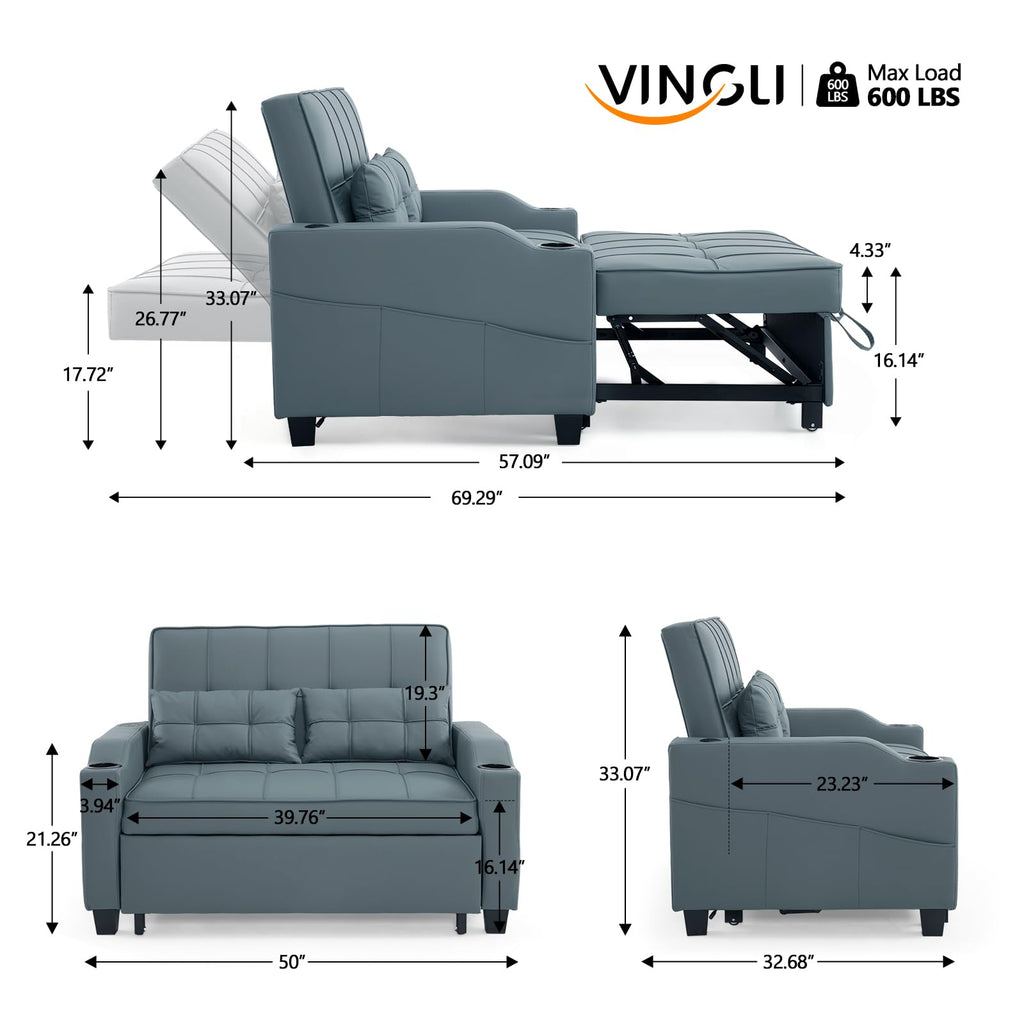 VINGLI Light Grey Futon Sofa Bed Convertible Loveseat Sleeper Couch, Faux Leather Pullout Sofa Fold Out Couch Bed with USB Ports, Cup Holders, Armrest for Living Room, Bedroom Apartment Room