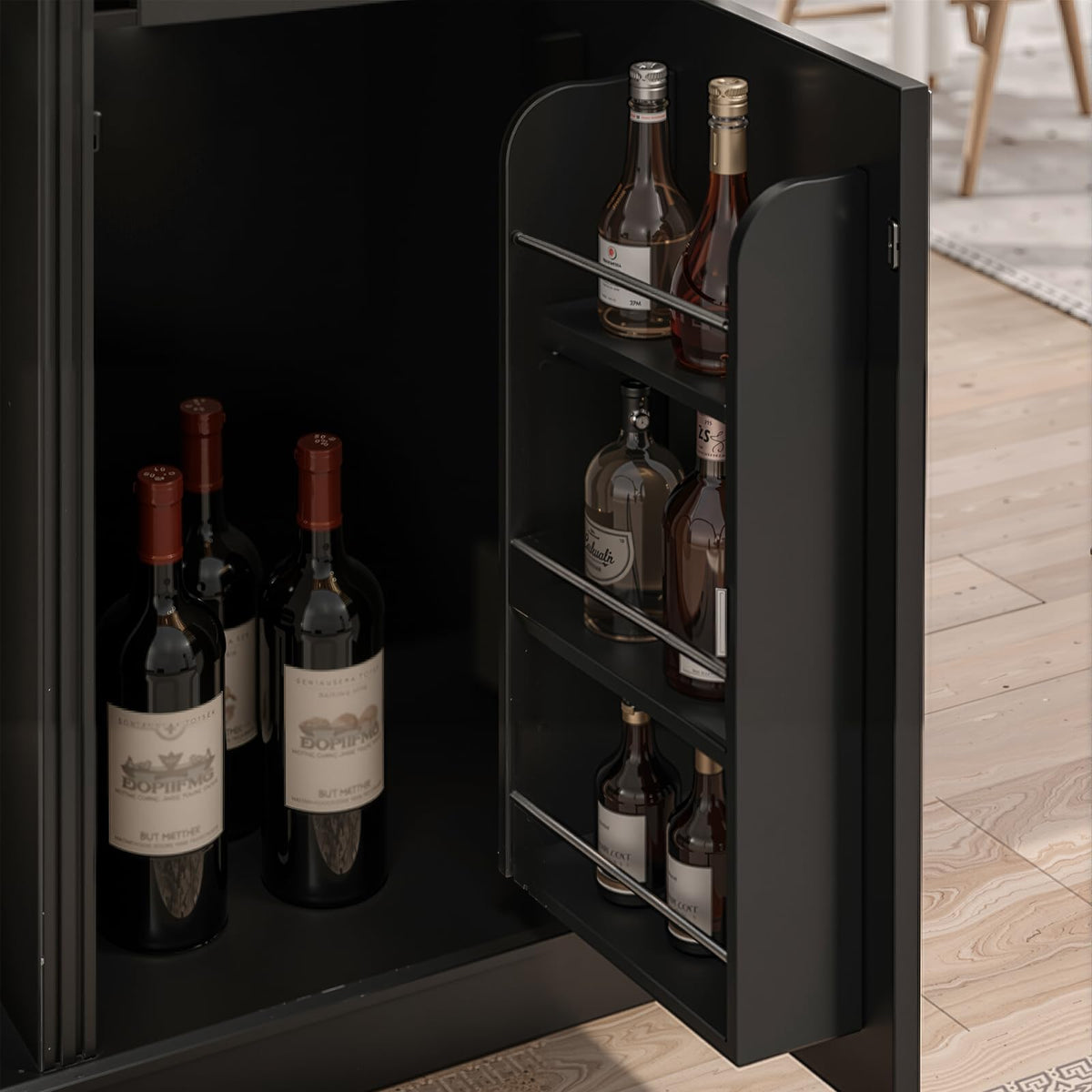 Coffee Bar Cabinet with Mini Fridge Space, 77.5" Tall Liquor Cabinet with Hutch, Glass Holder & Wine Rack, Modern Home Bar Storage with 9 Drawers for Kitchen Dining, Black
