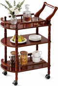 Entertainment Kitchen Cart, Midcentury Modern Imported rubberwood Brown Finished Wood 3-Tier Mobile Bar Cart Serving Cart