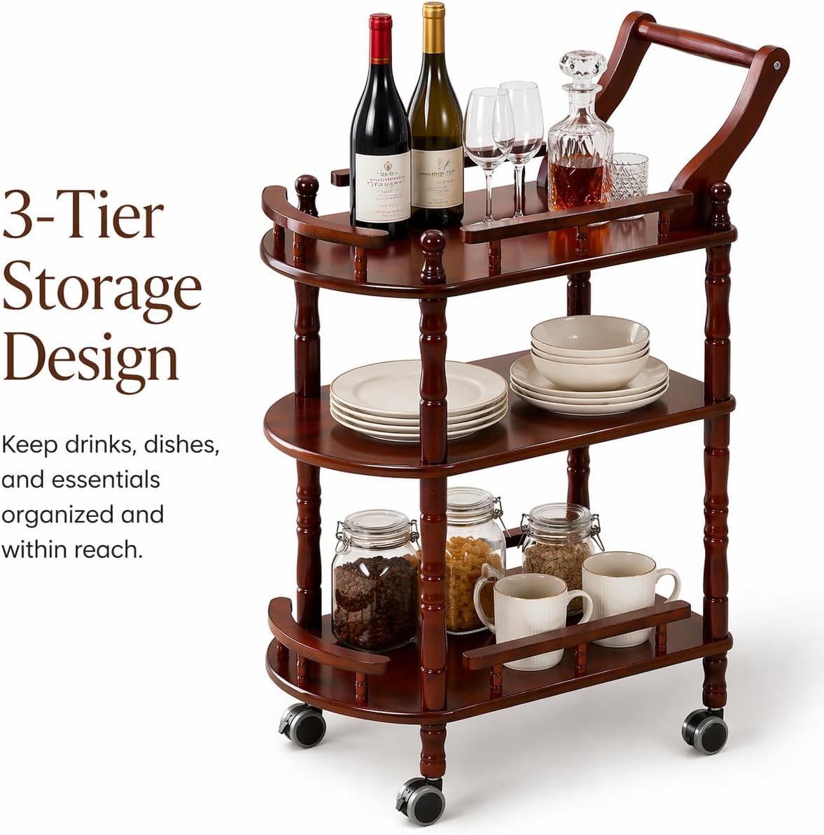 Entertainment Kitchen Cart, Midcentury Modern Imported rubberwood Brown Finished Wood 3-Tier Mobile Bar Cart Serving Cart