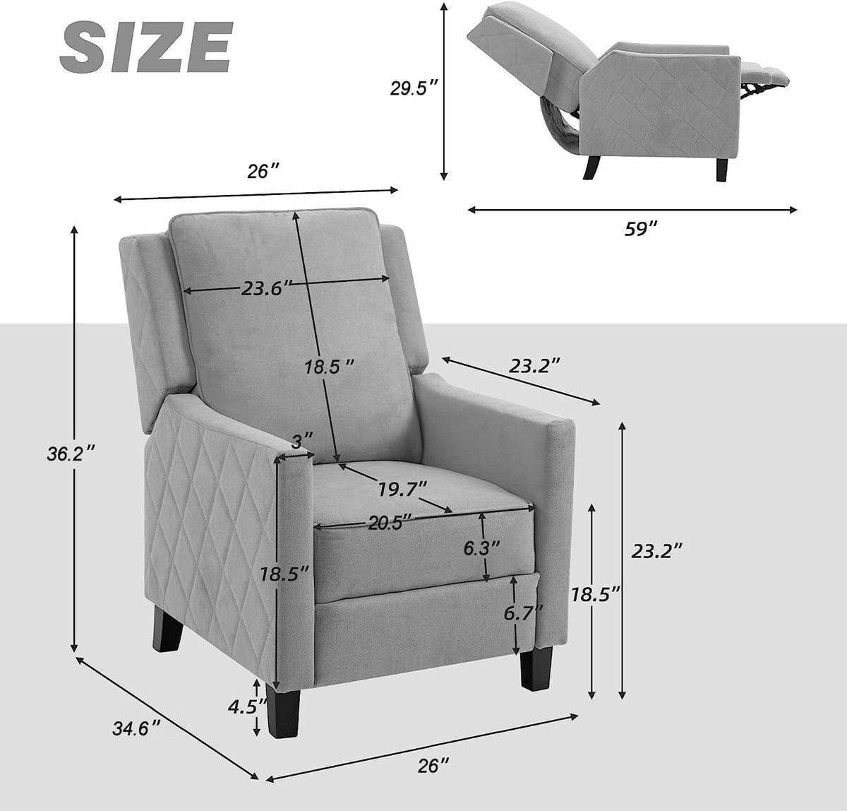 AVAWING Push Back Recliner Chair, Grey Wingback Accent Armchair Set of 2