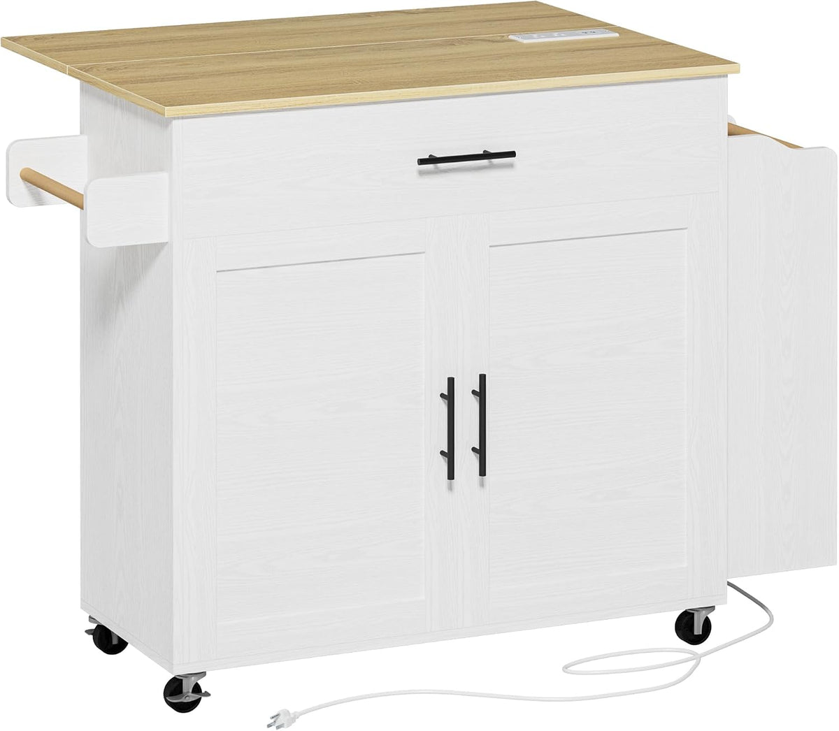 IRONCK Kitchen Island with Power Outlet, 3-Tier Side Storage Rack, White