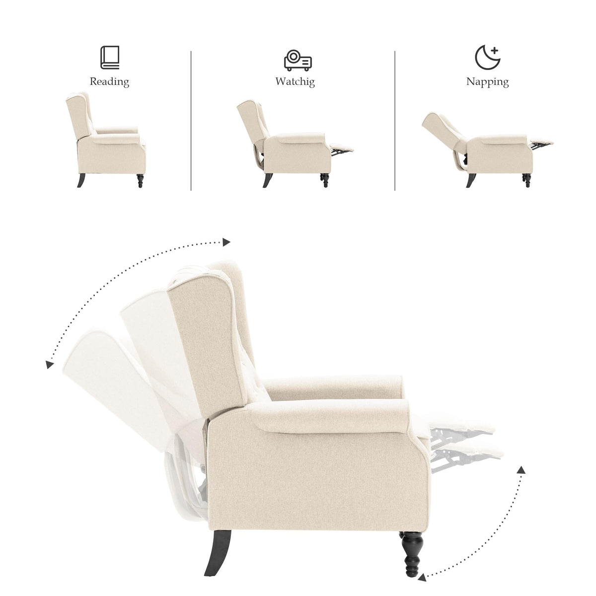 Mid Century Wingback Recliner Chair for Adults, Modern Linen Fabric Push Back Recliner Chairs with Button Tufted Upholstered Back & Footrest, Manual Recliner Chais for Living Room, Nursery, Gray
