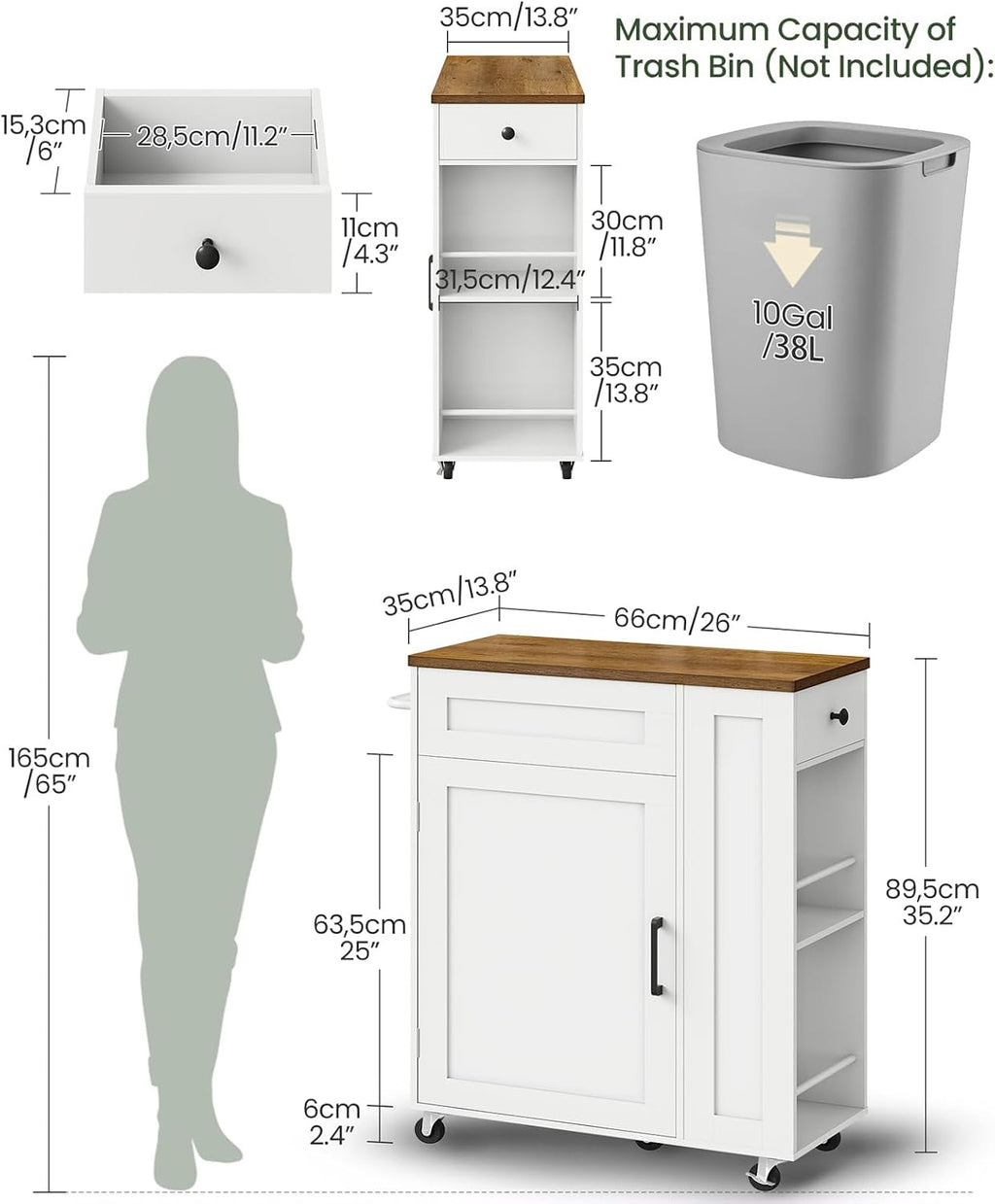 CHOEZON Kitchen Island Cart with Storage, Kitchen Cabinet, Mobile Kitchen Island, Storage Trolley for Kitchen with Hidden Trash Bin Cabinet, for Dining Room, White and Walnut MZD06WL