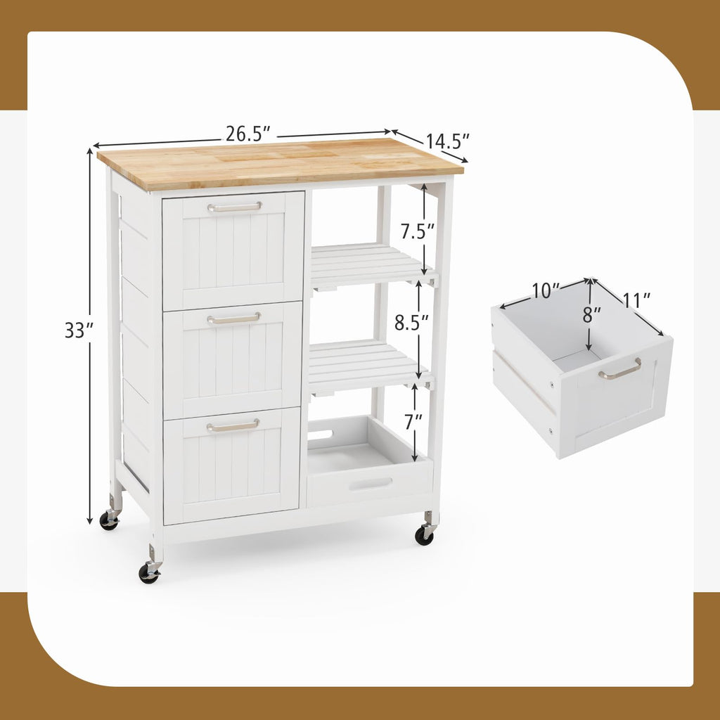 GOFLAME Kitchen Island Cart on Wheels with Storage, Versatile Rolling Cart with Wood Countertop, 3 Drawers, Removable Tray & Lockable Casters, Mobile Serving Trolley for Kitchen, Dining Room, Black