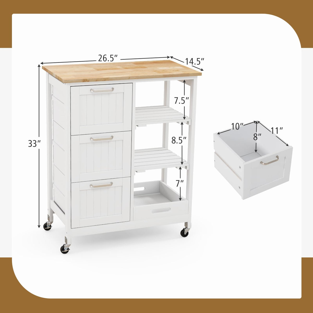 GOFLAME Kitchen Island Cart on Wheels with Storage, Versatile Rolling Cart with Wood Countertop, 3 Drawers, Removable Tray & Lockable Casters, Mobile Serving Trolley for Kitchen, Dining Room, Black