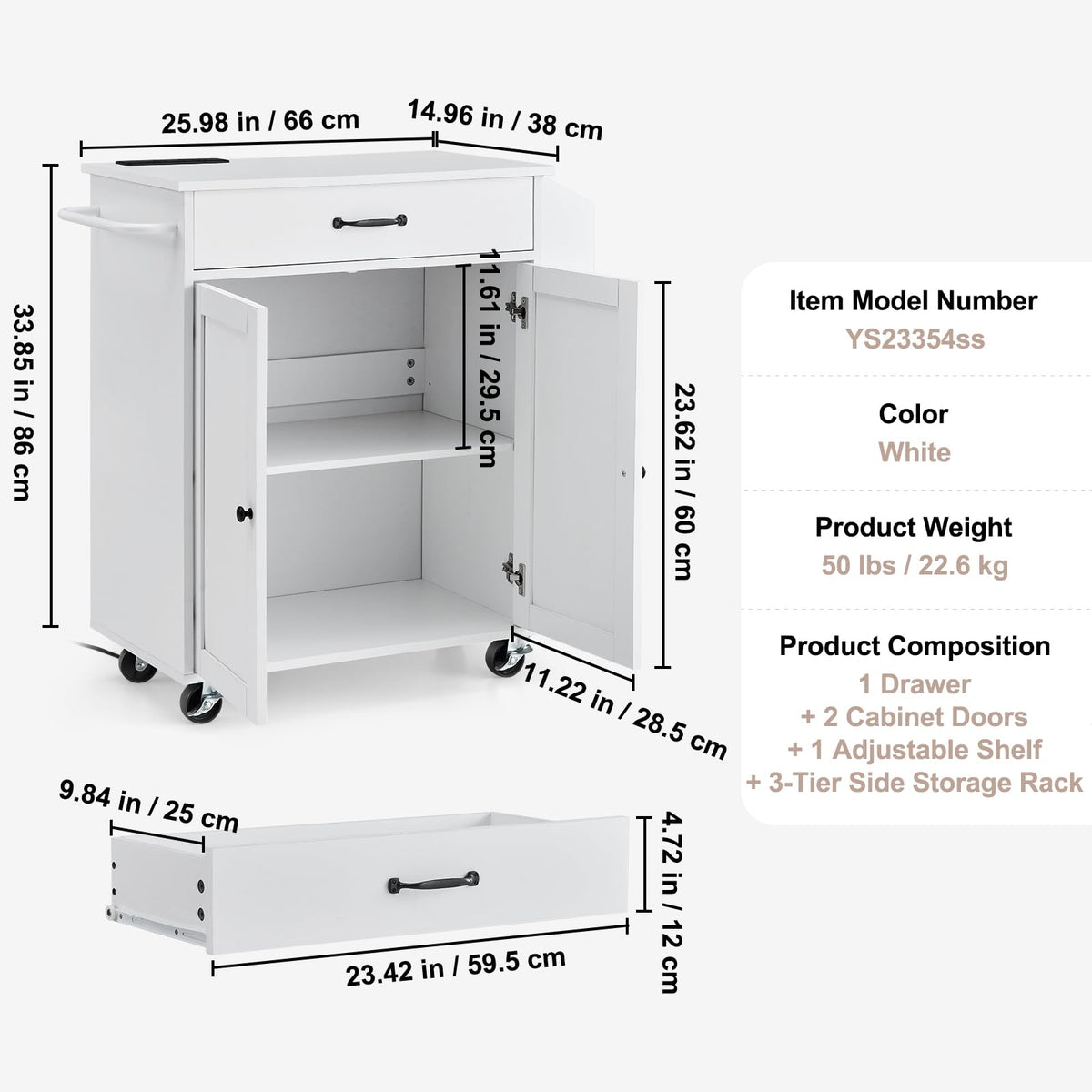 VEVOR Kitchen Island Cart with Storage, 47.64 in Wide Mobile Rolling Storage Island on Swivel Wheels, with 2 Drawers, Storage Cabinet, Drop Leaf, Towel Rack, Table for Home Dining Room, White