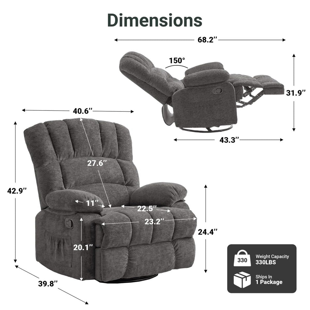WILLOVE 41" Oversized Rocker Recliner Chair, Rocking Recliners Overstuffed Soft Big Man Manual Recliner, Extra Large Chenille Living Room Chair 350 LBS Capacity, Grey, L