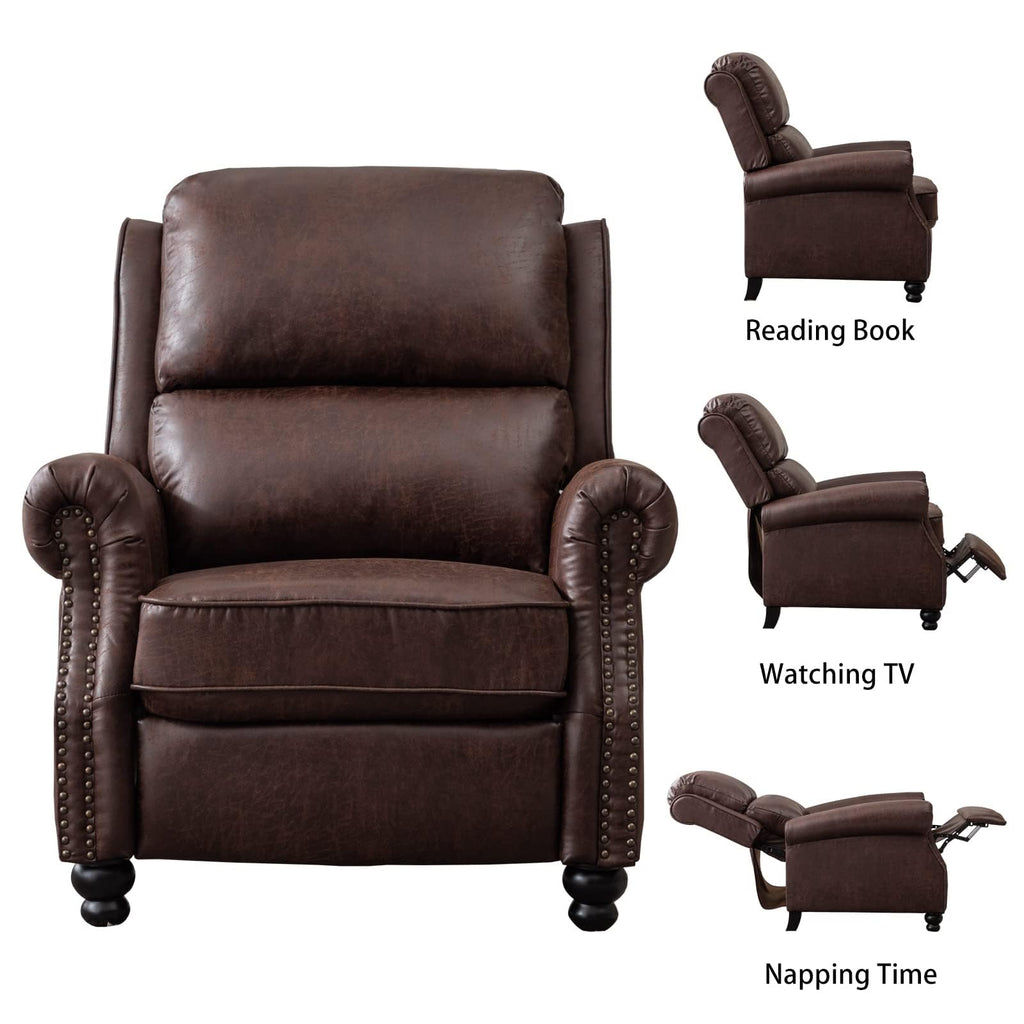 CANMOV Pushback Recliner Chair Faux Leather Armchair Push Back Recliner with Rivet Decoration Single Sofa Accent Chair for Living Room, Chocolate