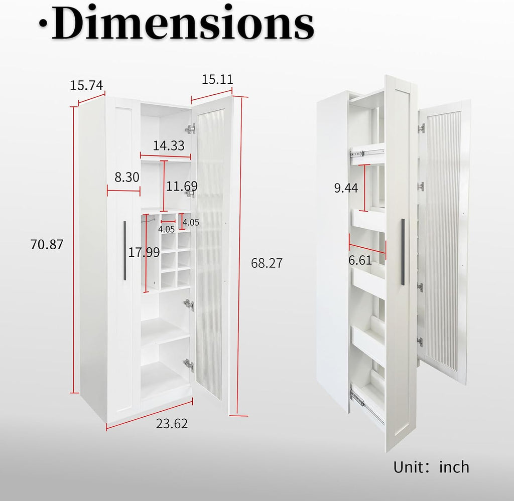 JOYSOURCE Kitchen Hutch Cabinet with 5-Tier Pull-Out Storage Shelves Tall Kitchen Pantry Wine Cabinet Slim Liquor Cabinet with Reeded Glass Door Bottle Dividers & Stemware Rack White