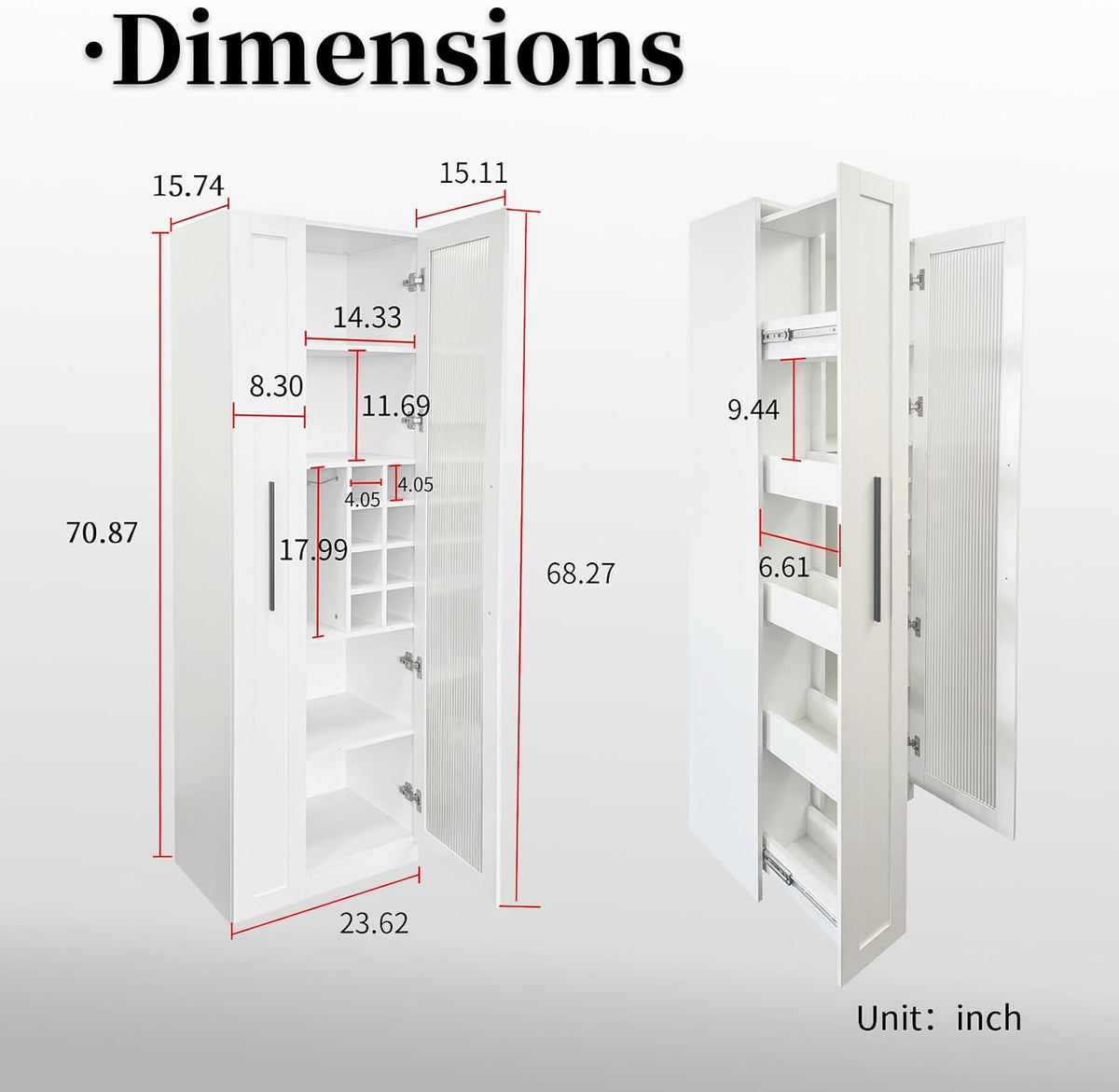 JOYSOURCE Kitchen Hutch Cabinet with 5-Tier Pull-Out Storage Shelves Tall Kitchen Pantry Wine Cabinet Slim Liquor Cabinet with Reeded Glass Door Bottle Dividers & Stemware Rack White