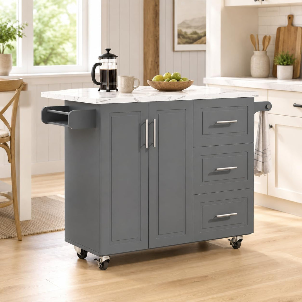 43" Kitchen Island on Wheels, Rolling Kitchen Island with Drop Leaf, Black