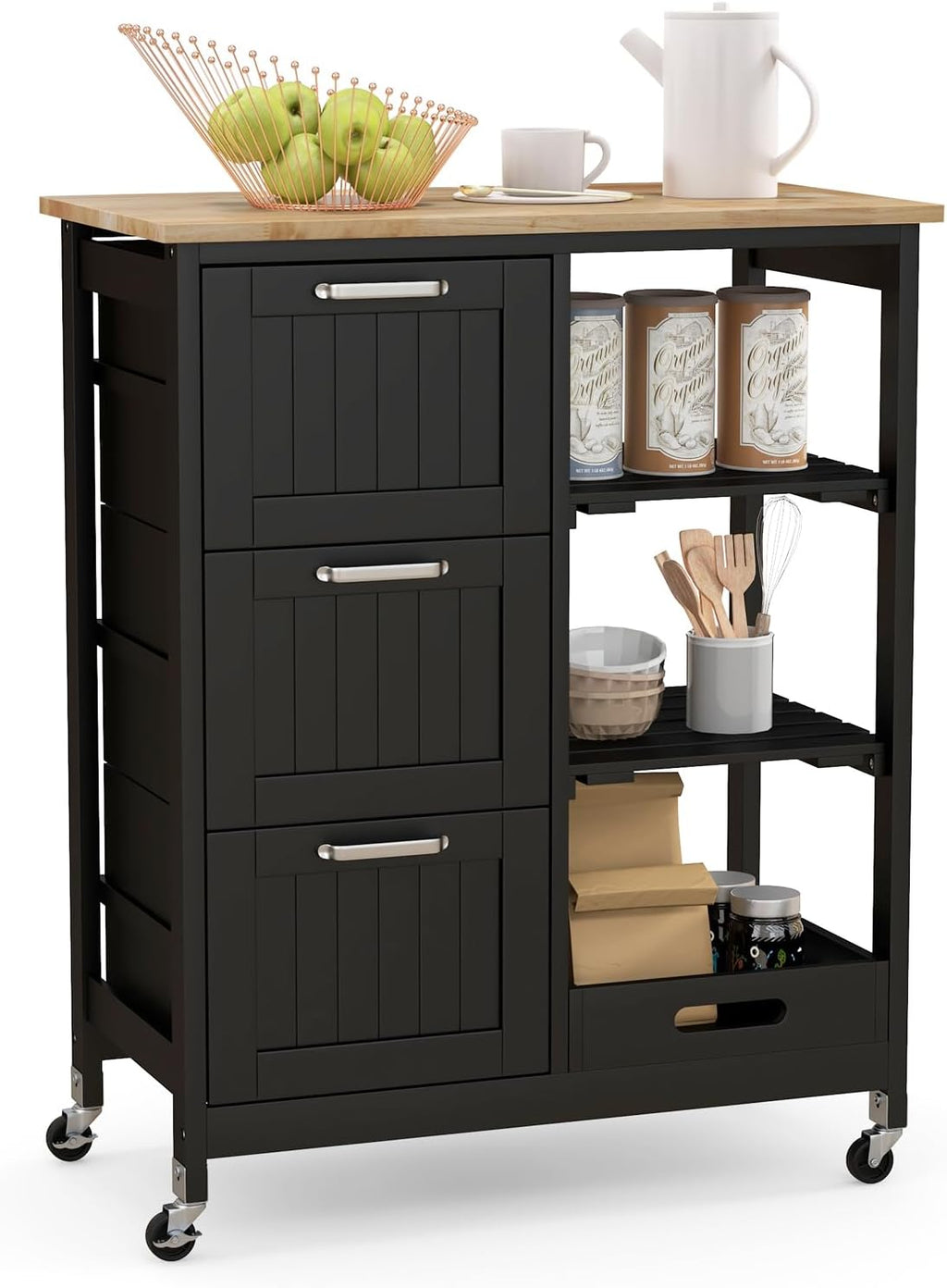 GOFLAME Kitchen Island Cart on Wheels with Storage, Versatile Rolling Cart with Wood Countertop, 3 Drawers, Removable Tray & Lockable Casters, Mobile Serving Trolley for Kitchen, Dining Room, Black