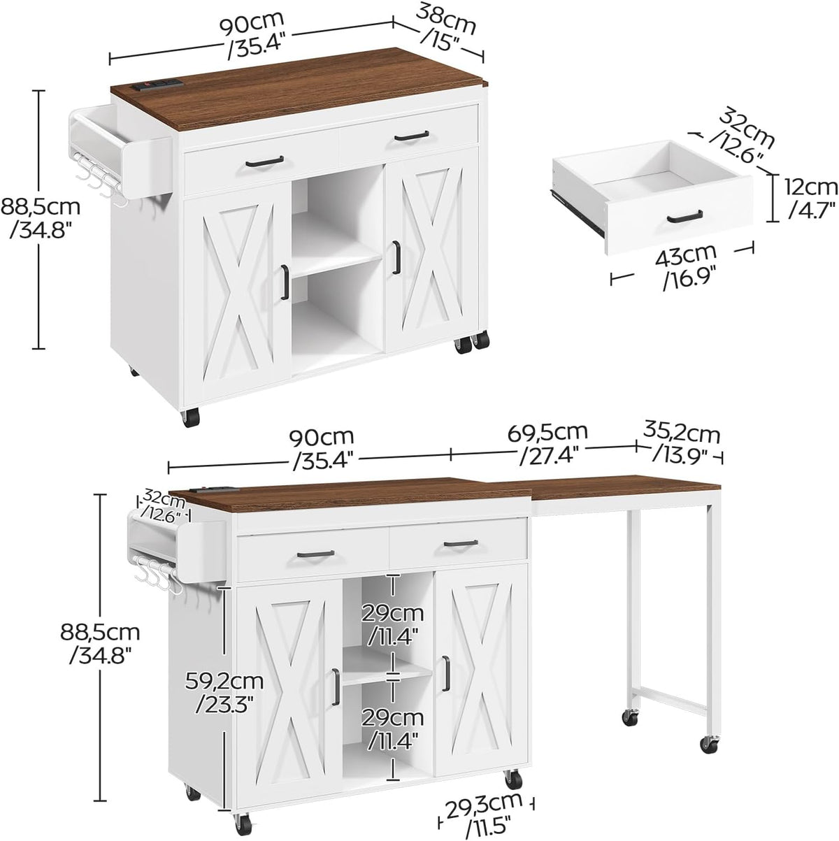 YATINEY Extendable Kitchen Island, Large Mobile Kitchen Storage Island, Rolling Kitchen Cart with Outlets, Island Table for Kitchen, White ZD03UWH