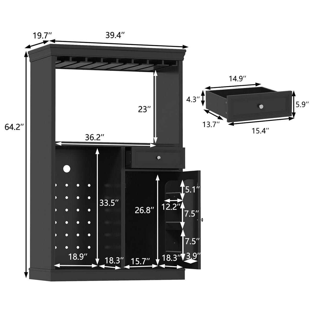 Coffee Bar Cabinet with Mini Fridge Space, 77.5" Tall Liquor Cabinet with Hutch, Glass Holder & Wine Rack, Modern Home Bar Storage with 9 Drawers for Kitchen Dining, Black